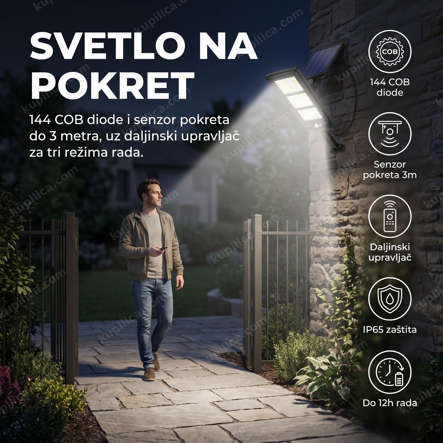 solarni reflektor sa senzorom pokreta — reflektor osvetljava prilaz dvorištu uveče, 144 cob diode, daljinski upravljač