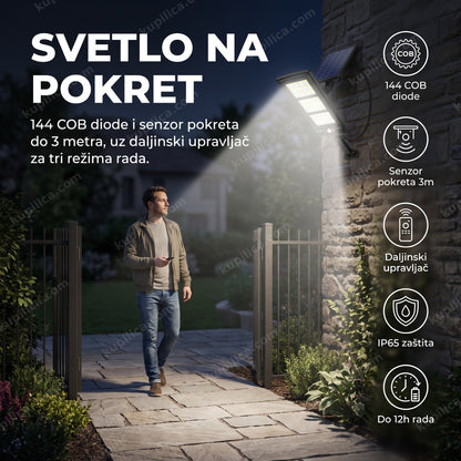solarni reflektor sa senzorom pokreta — reflektor osvetljava prilaz dvorištu uveče, 144 cob diode, daljinski upravljač