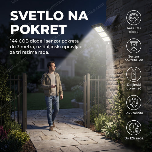 solarni reflektor sa senzorom pokreta — reflektor osvetljava prilaz dvorištu uveče, 144 cob diode, daljinski upravljač