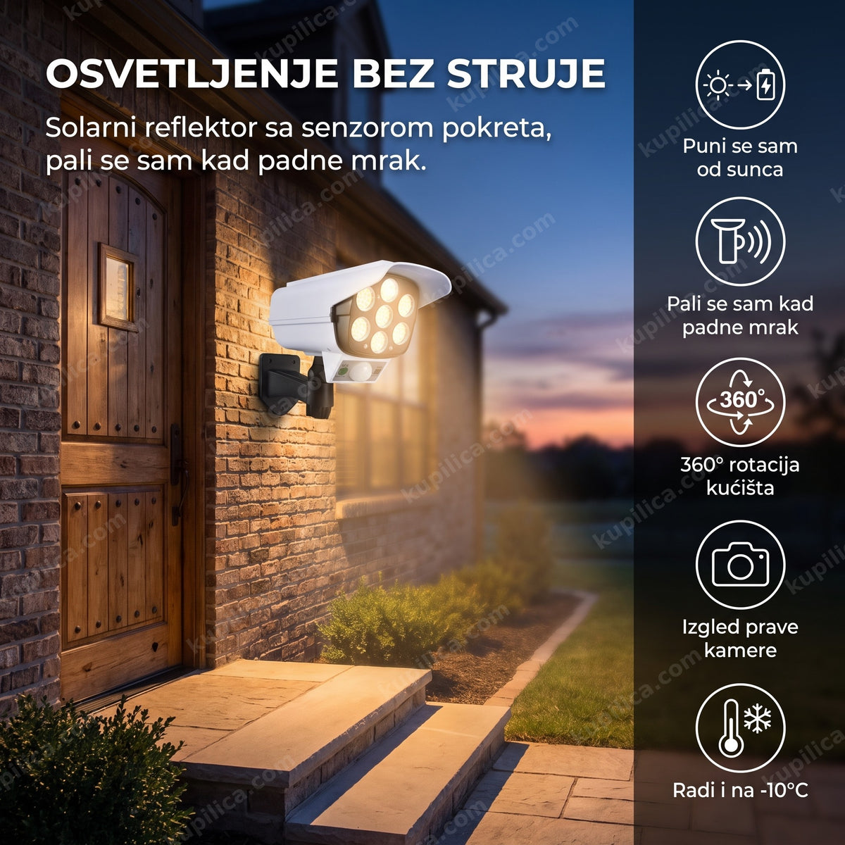 solarni reflektor sa senzorom pokreta montiran pored ulaznih vrata uveče sa prikazanim benefitima proizvoda