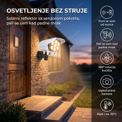 solarni reflektor sa senzorom pokreta montiran pored ulaznih vrata uveče sa prikazanim benefitima proizvoda