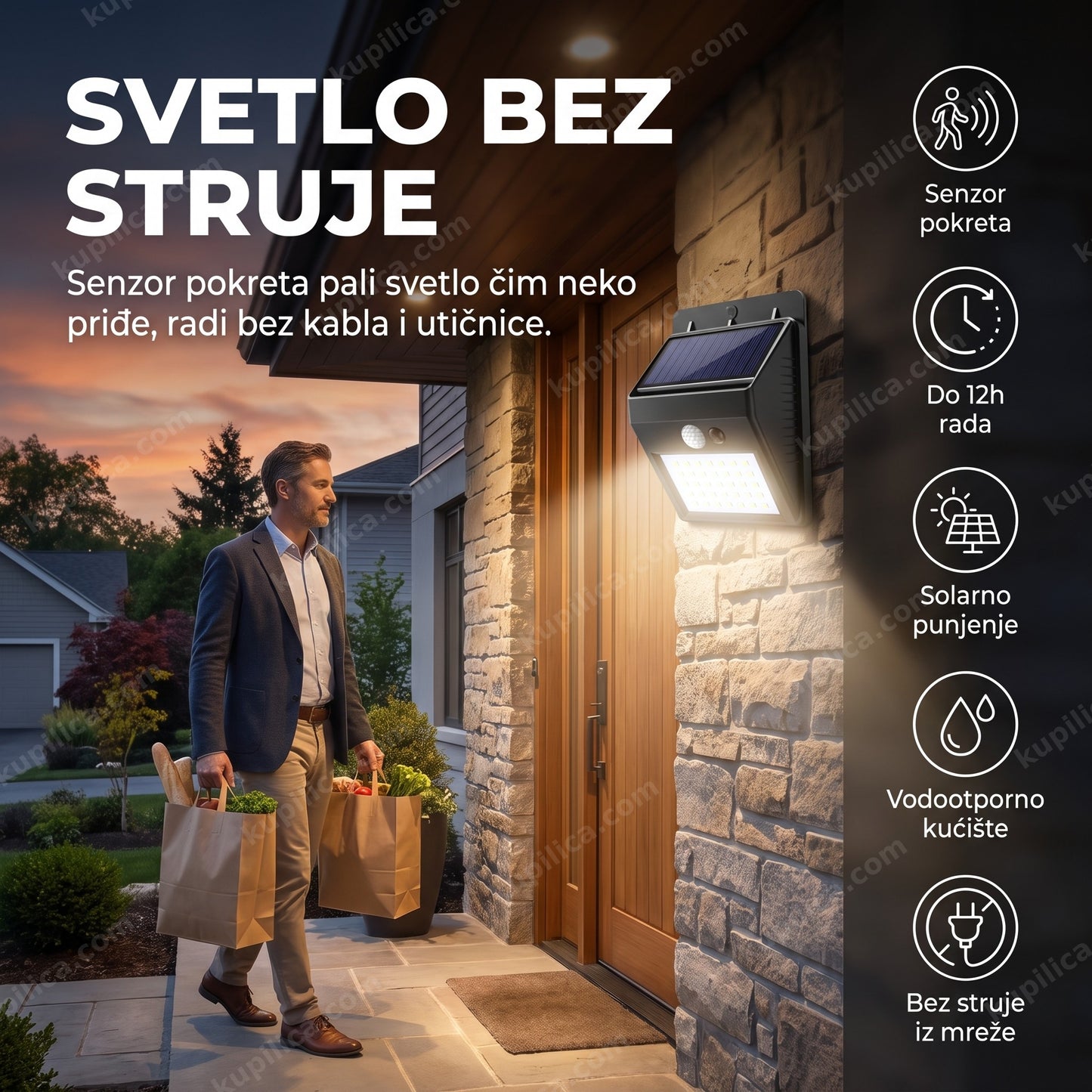 Solarni reflektor sa senzorom pokreta 20 LED 100W — 160 lm, montiran na zid pored ulaznih vrata