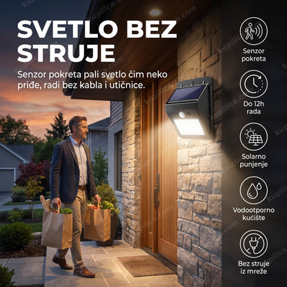 Solarni reflektor sa senzorom pokreta 20 LED 100W — 160 lm, montiran na zid pored ulaznih vrata