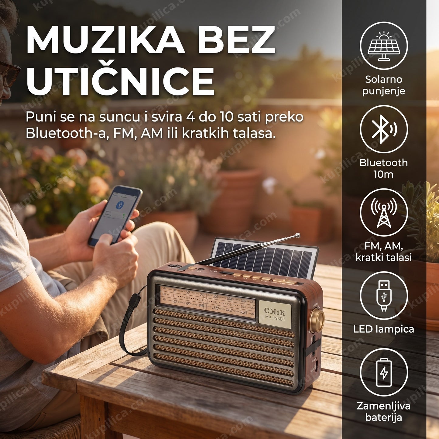 Solarni retro radio CMiK MK-193BT sa Bluetooth-om i LED lampicom na terasi