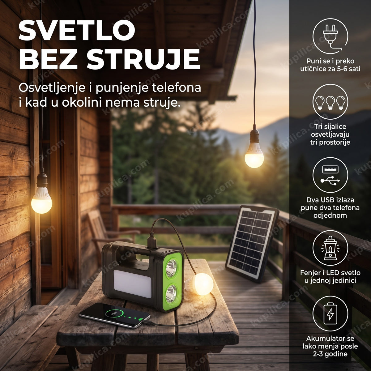 solarni sistem sa akumulatorom i tri sijalice na terasi vikendice uveče, benefiti proizvoda