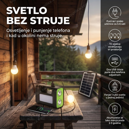 solarni sistem sa akumulatorom i tri sijalice na terasi vikendice uveče, benefiti proizvoda