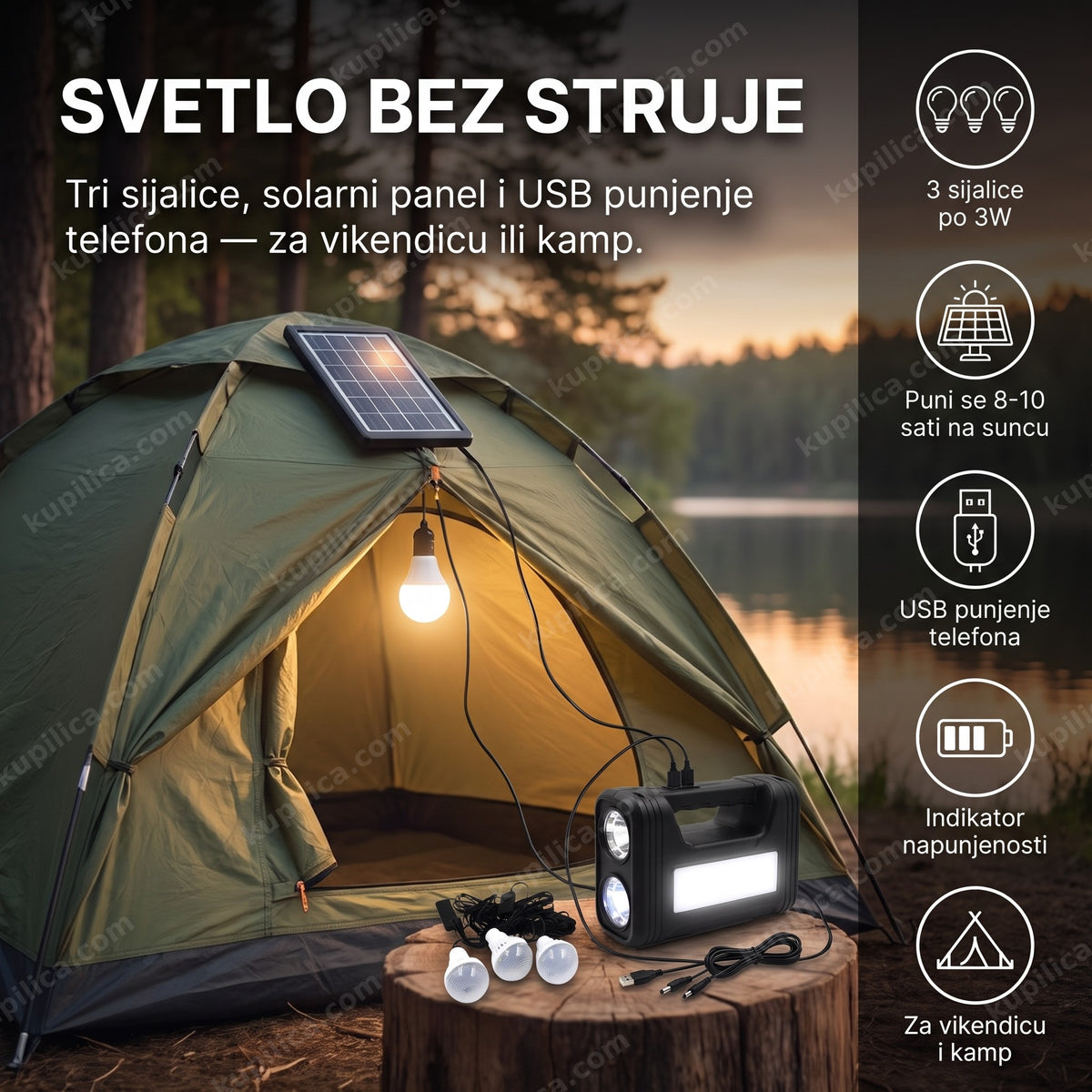 solarni led sistem LUX-GD17 postavljen uz šator u prirodi, prikaz benefiti proizvoda