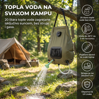 solarni tuš za kampovanje okačen na drvo na kampu, benefiti proizvoda