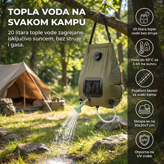 solarni tuš za kampovanje okačen na drvo na kampu, benefiti proizvoda