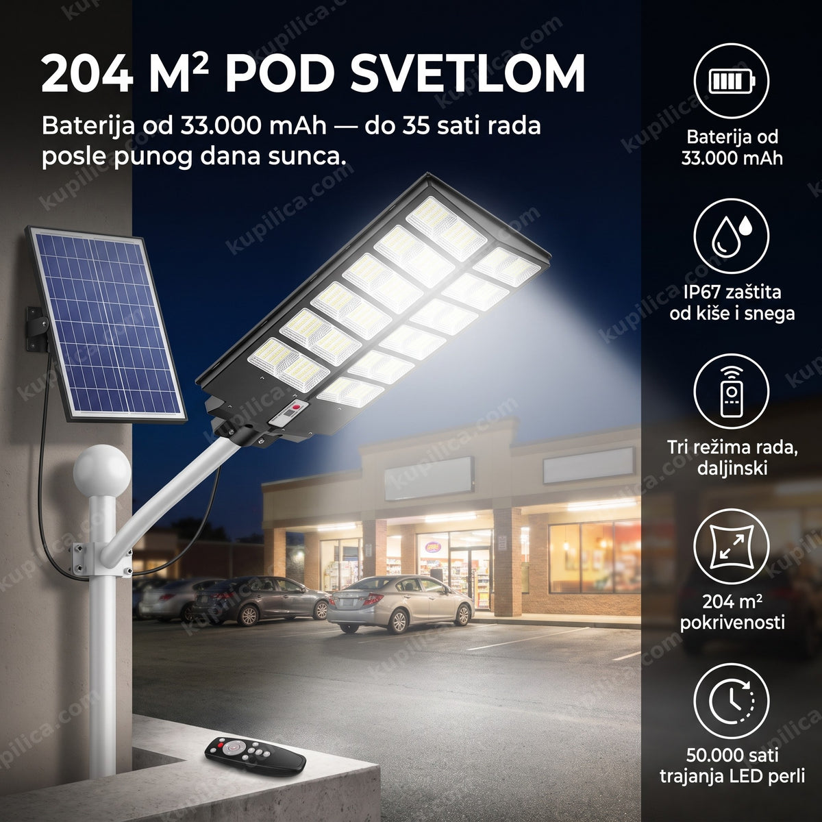solarni ulični reflektor osvetljava parking noću, benefiti proizvoda