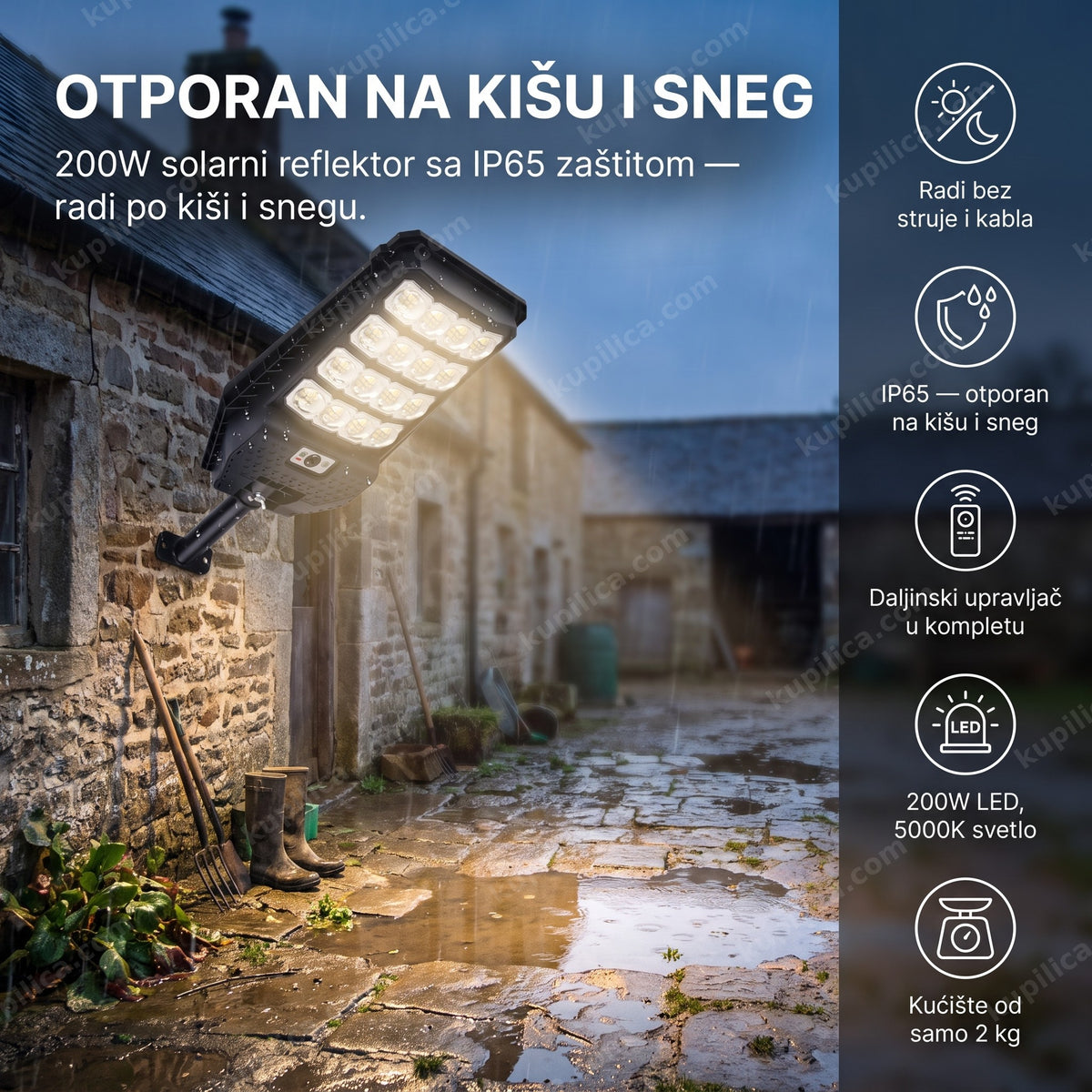 solarni ulični reflektor 200w montiran na zidu seoskog dvorišta posle kiše — benefiti proizvoda