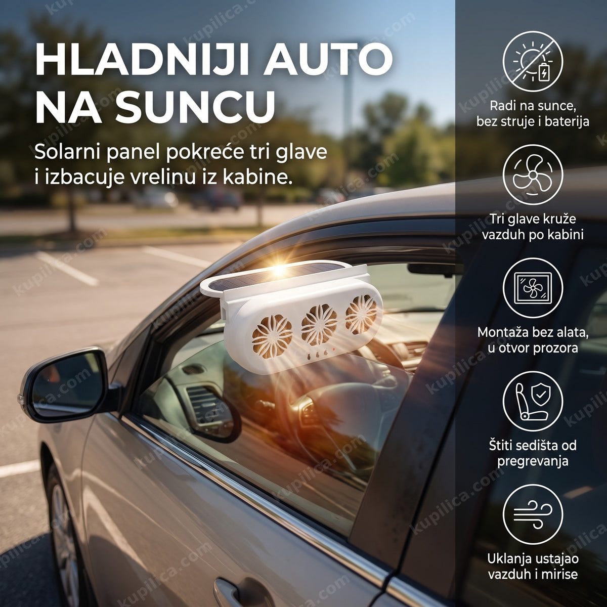solarni ventilator za auto na prozoru parkiranog vozila, benefiti proizvoda