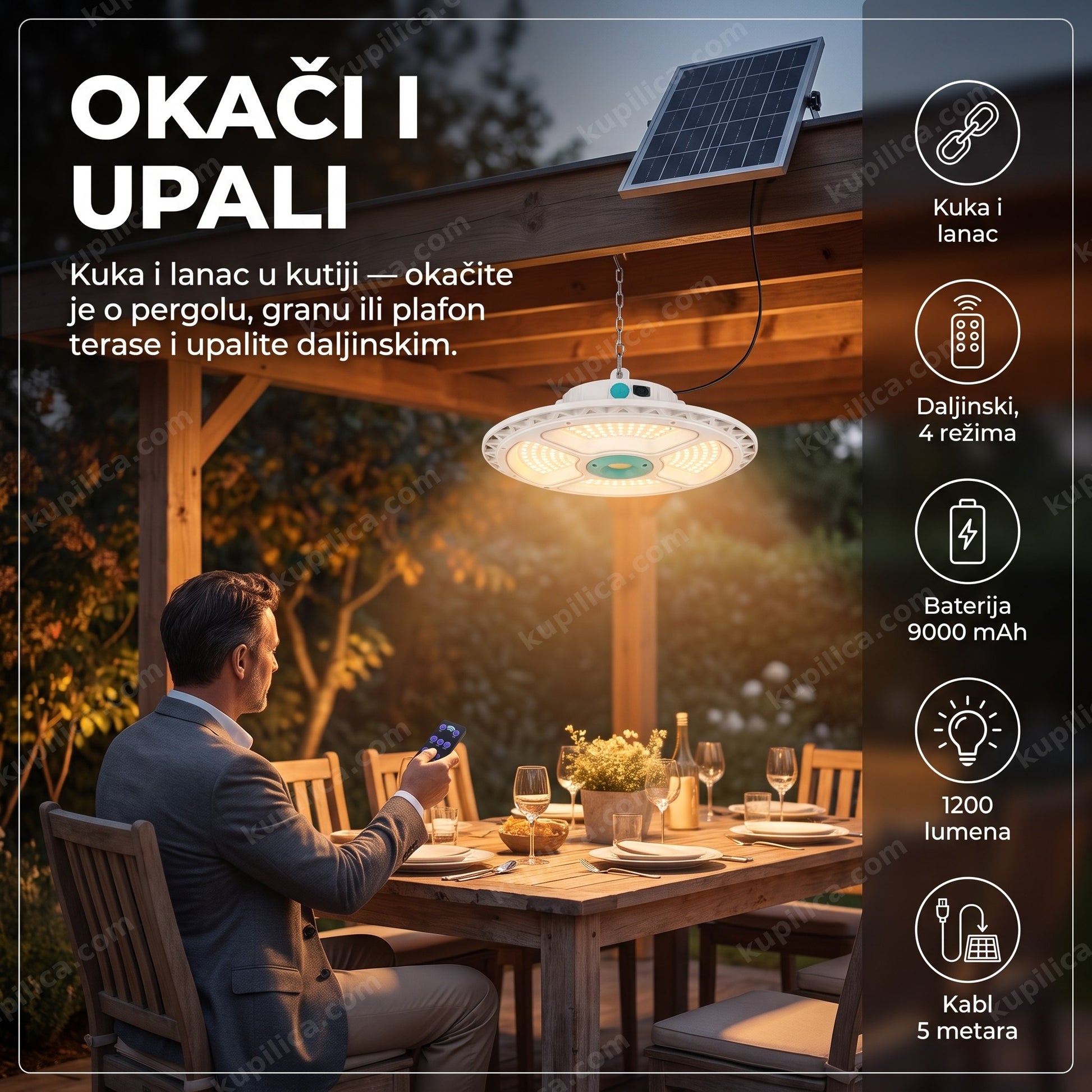 Solarni viseći LED reflektor Aerbes AB-TY14 okačen na pergolu sa daljinskim upravljačem