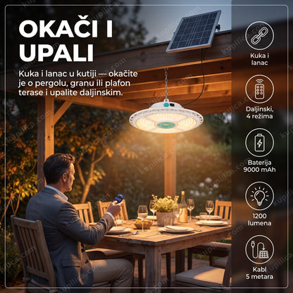 Solarni viseći LED reflektor Aerbes AB-TY14 okačen na pergolu sa daljinskim upravljačem