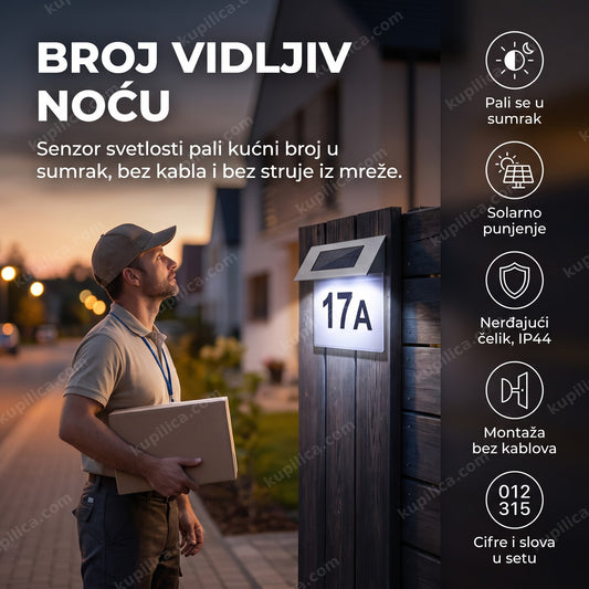 Solarno LED svetlo za kućni broj sa senzorom osvetljava adresu na kapiji