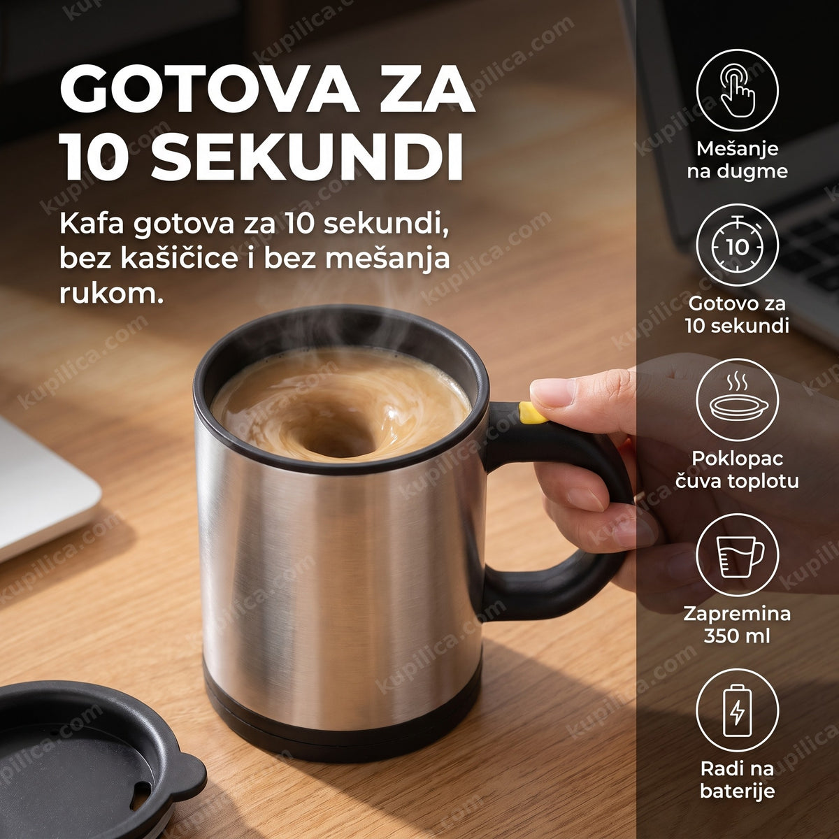 šolja koja sama meša kafu sa vidljivim vrtlogom napitka na stolu, benefiti proizvoda
