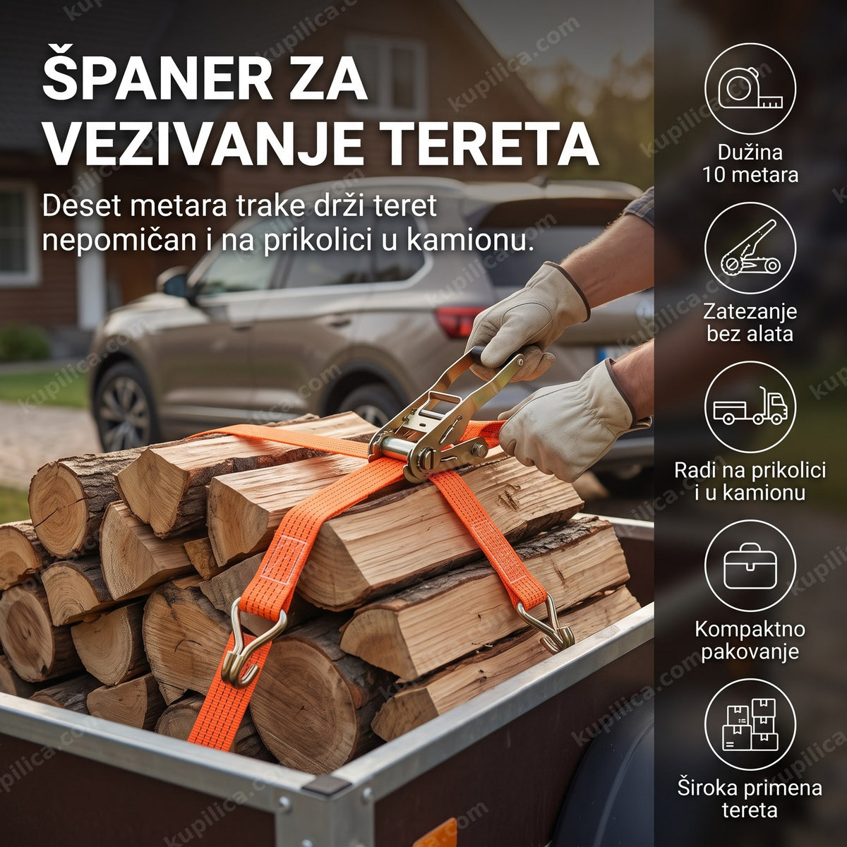 Španer za vezivanje tereta zategnut preko drva za ogrev na prikolici - benefiti proizvoda