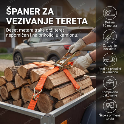 Španer za vezivanje tereta zategnut preko drva za ogrev na prikolici - benefiti proizvoda