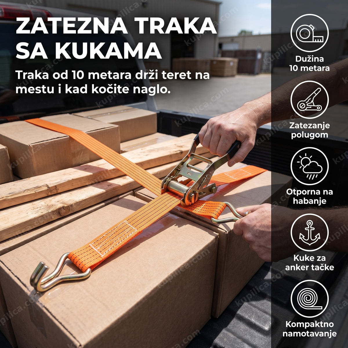 Španer za vezivanje tereta zateže traku preko kutija u prikolici, kuke drže teret