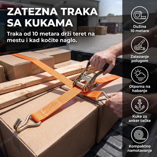 Španer za vezivanje tereta zateže traku preko kutija u prikolici, kuke drže teret