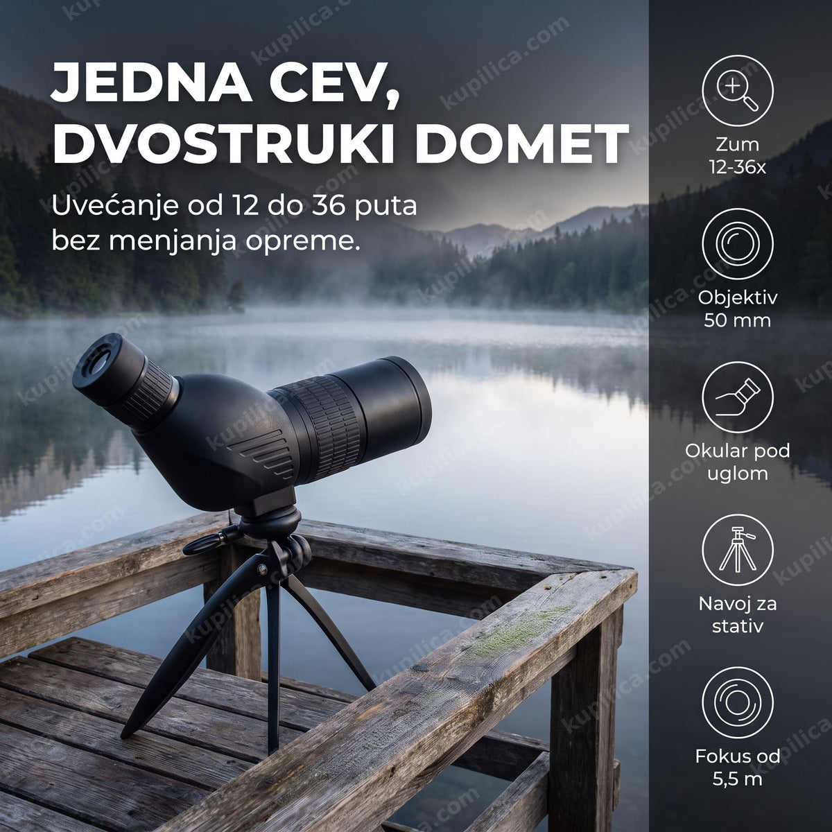 Crni spektiv za posmatranje na stativu pored jezera u zoru, benefiti proizvoda