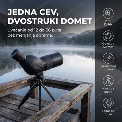 Crni spektiv za posmatranje na stativu pored jezera u zoru, benefiti proizvoda