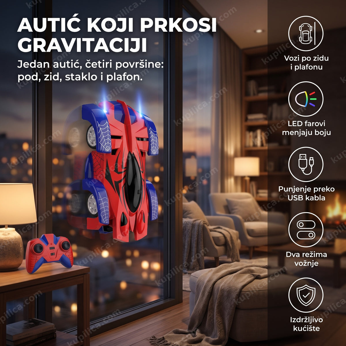 spiderman autić koji se penje po staklu prozora sa prikazom benefita proizvoda