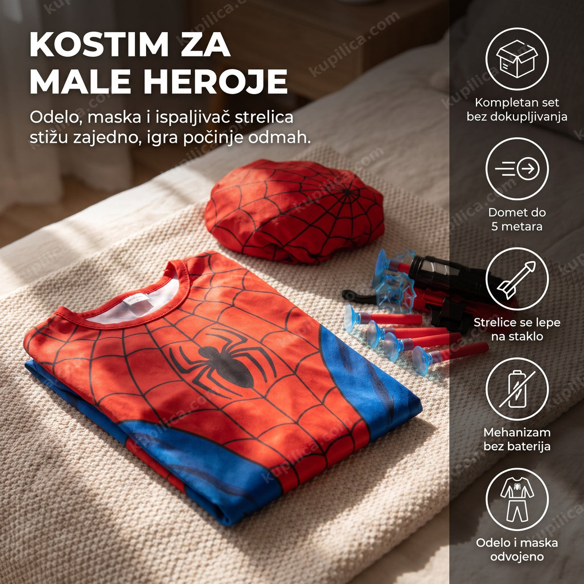 spiderman kostim za decu položen na krevetu sa maskom i ispaljivačem strelica, benefiti proizvoda