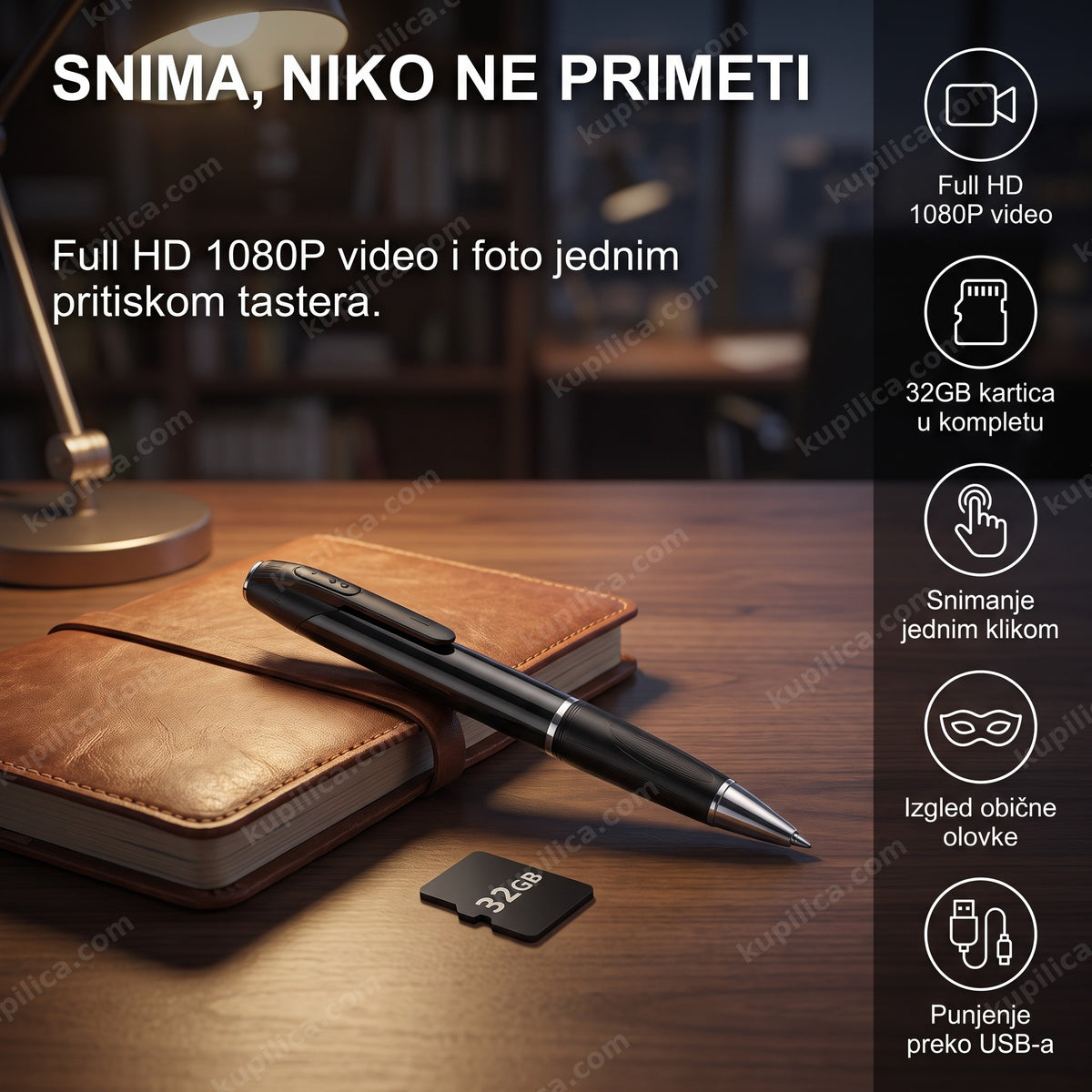 špijunska olovka sa kamerom i 32GB memorijska kartica na stolu