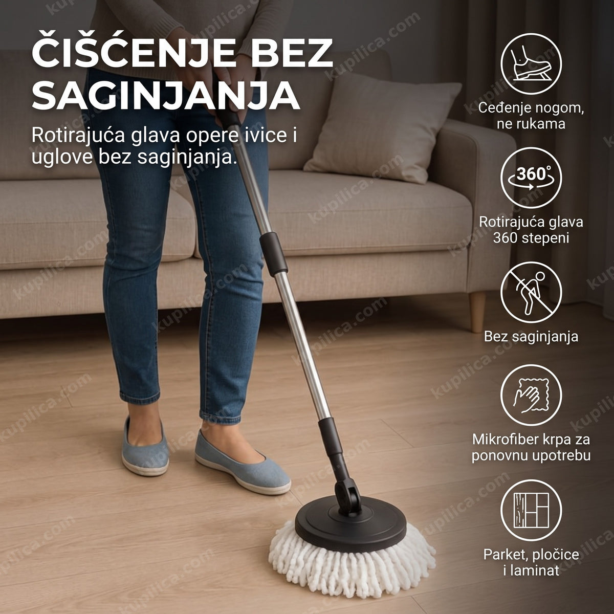 spin mop sa rotirajućom glavom čisti parket u dnevnoj sobi, benefiti proizvoda