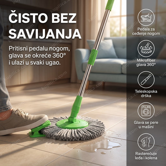 spin mop sa pedalom i rotirajućom glavom 360 stepeni tokom čišćenja kuhinjskog poda, benefiti proizvoda