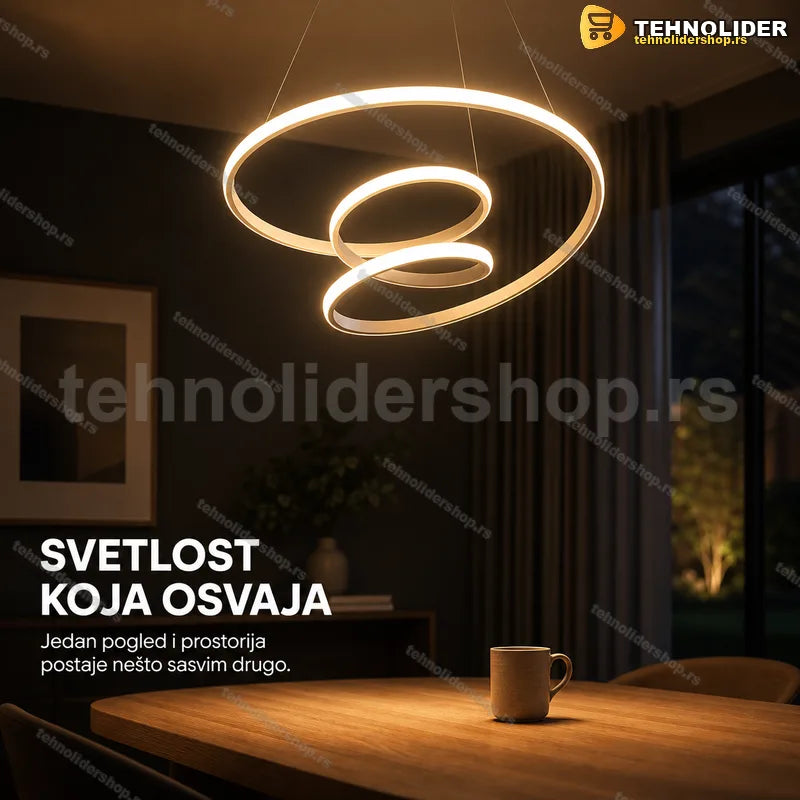 Spiralni LED luster u beloj boji okačen na tankim sajlama