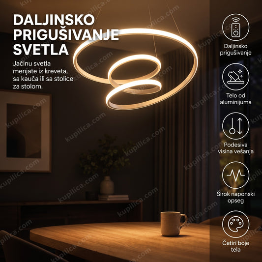 Zlatni spiralni LED luster iznad trpezarijskog stola u mračnoj sobi, benefiti proizvoda