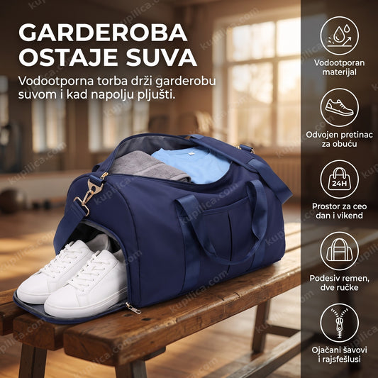 sportska torba sa pretincem za patike otvorena na klupi u teretani, benefiti proizvoda