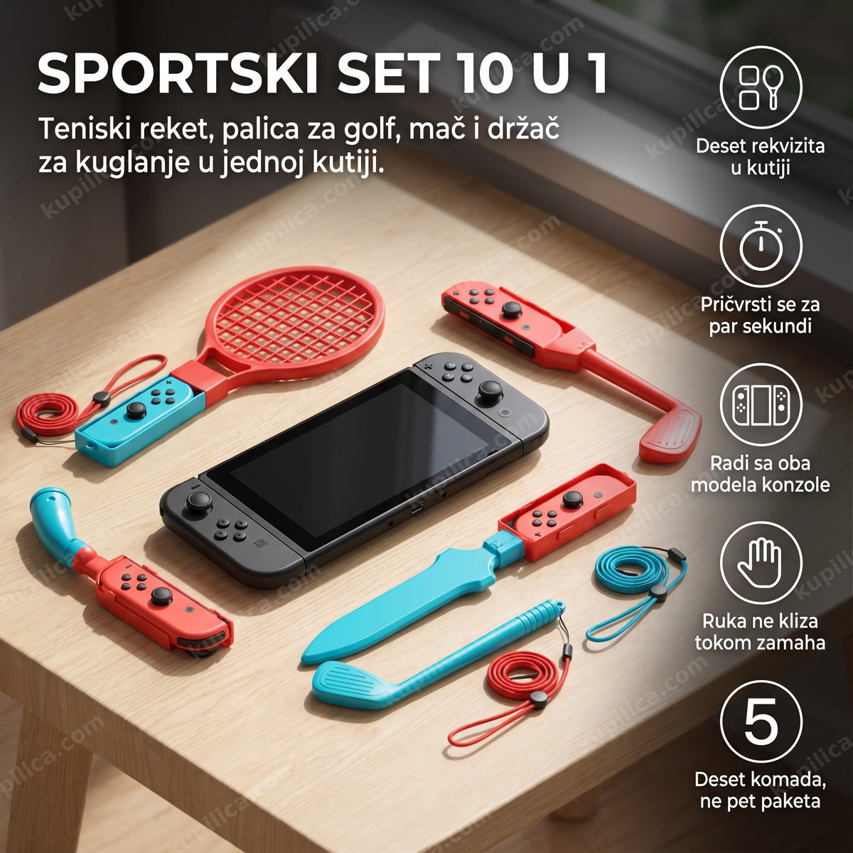 sportski set pribora za joy-con rasprostrt pored generičke konzole, benefiti proizvoda