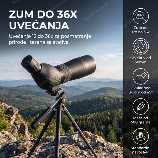 Spotting scope teleskop na tronošcu na vidikovcu iznad planina, benefiti proizvoda