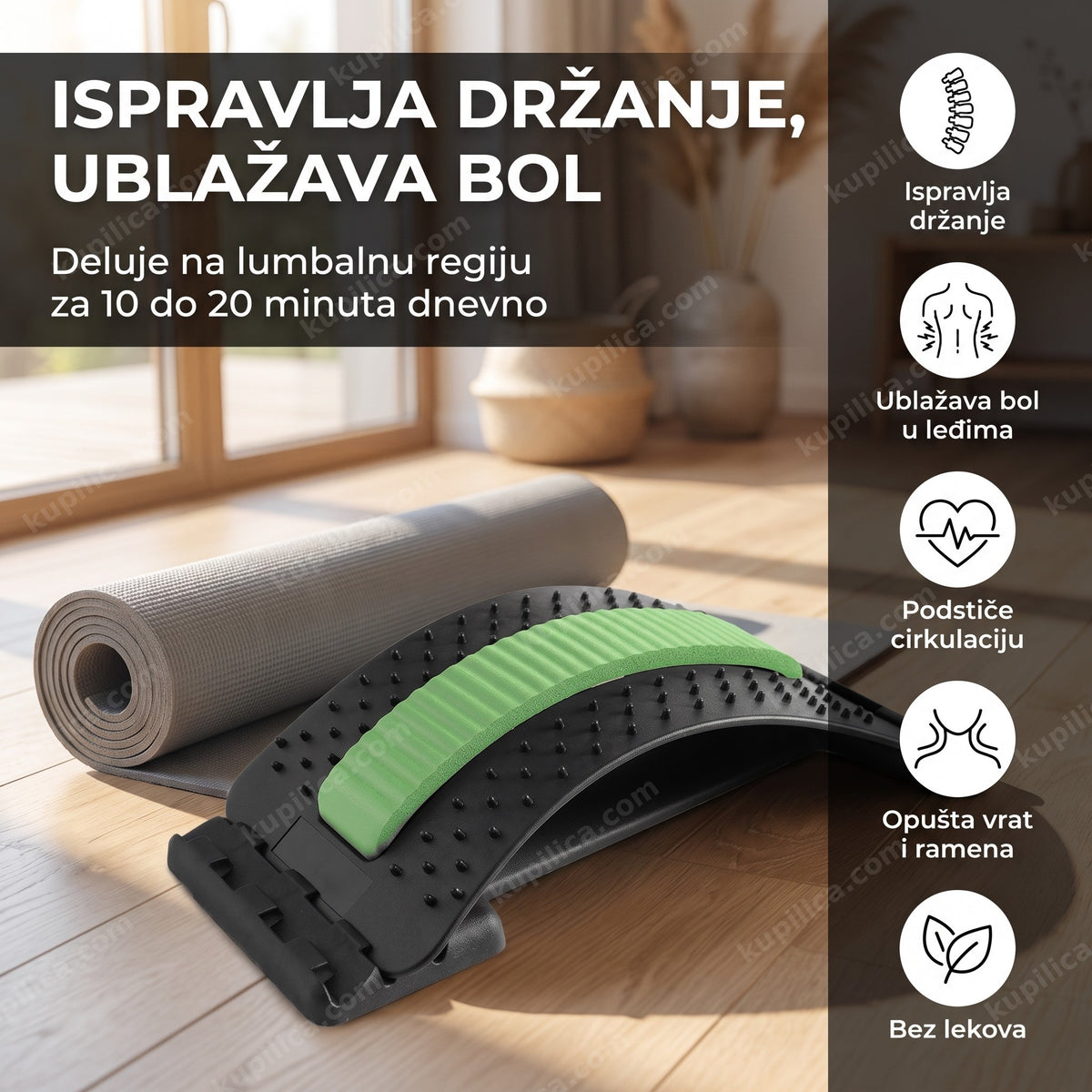 sprava za istezanje kičme sa zelenim akupresurnim jastučićem na drvenom podu