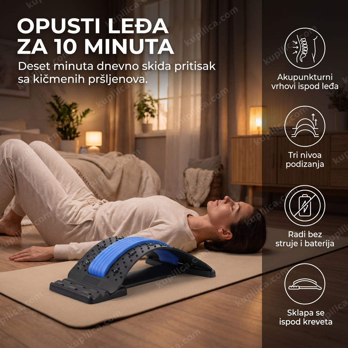 sprava za istezanje kičme sa odraslom osobom koja bezbedno leži, prikazani benefiti proizvoda