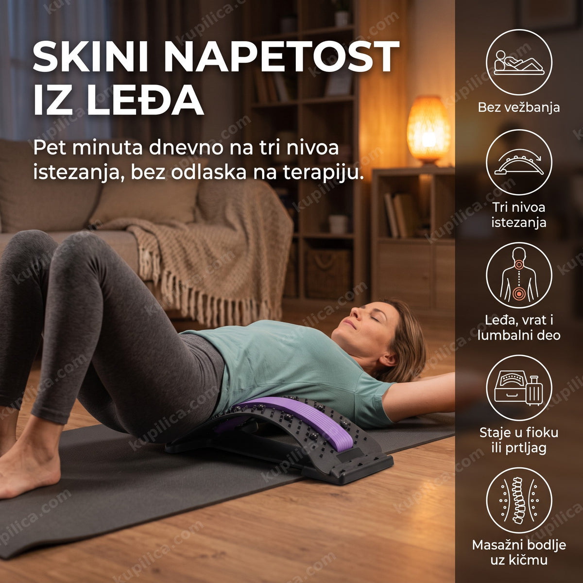 žena leži na spravi za istezanje kičme kod kuće, benefiti proizvoda