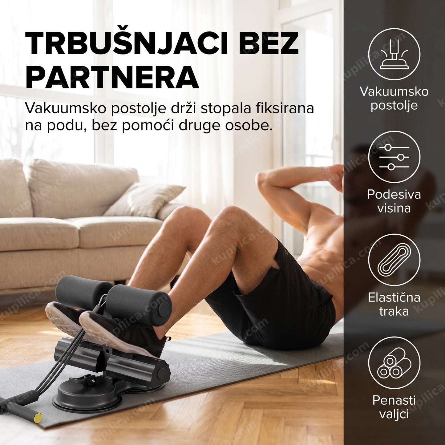 Sprava za trbušnjake sa vakuumskim postoljem — vežbanje bez pomoći druge osobe