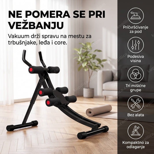 sprava za vežbanje trbušnjaka i leđa postavljena na parket u dnevnoj sobi
