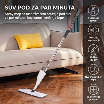 spray mop za pod sa raspršivačem, osoba čisti parket u dnevnoj sobi, benefiti proizvoda