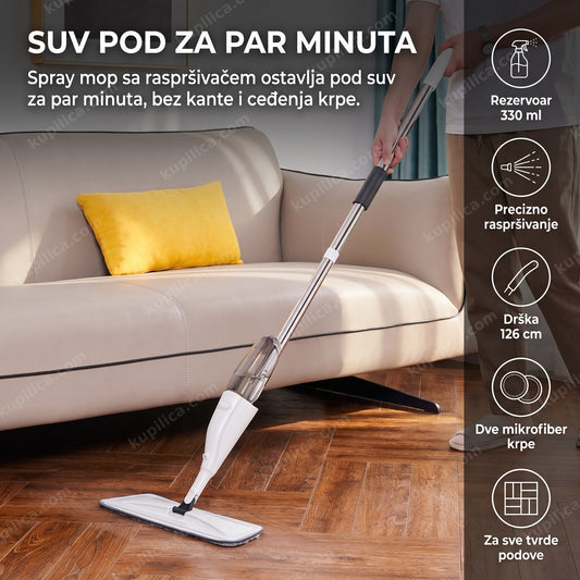 spray mop za pod sa raspršivačem, osoba čisti parket u dnevnoj sobi, benefiti proizvoda