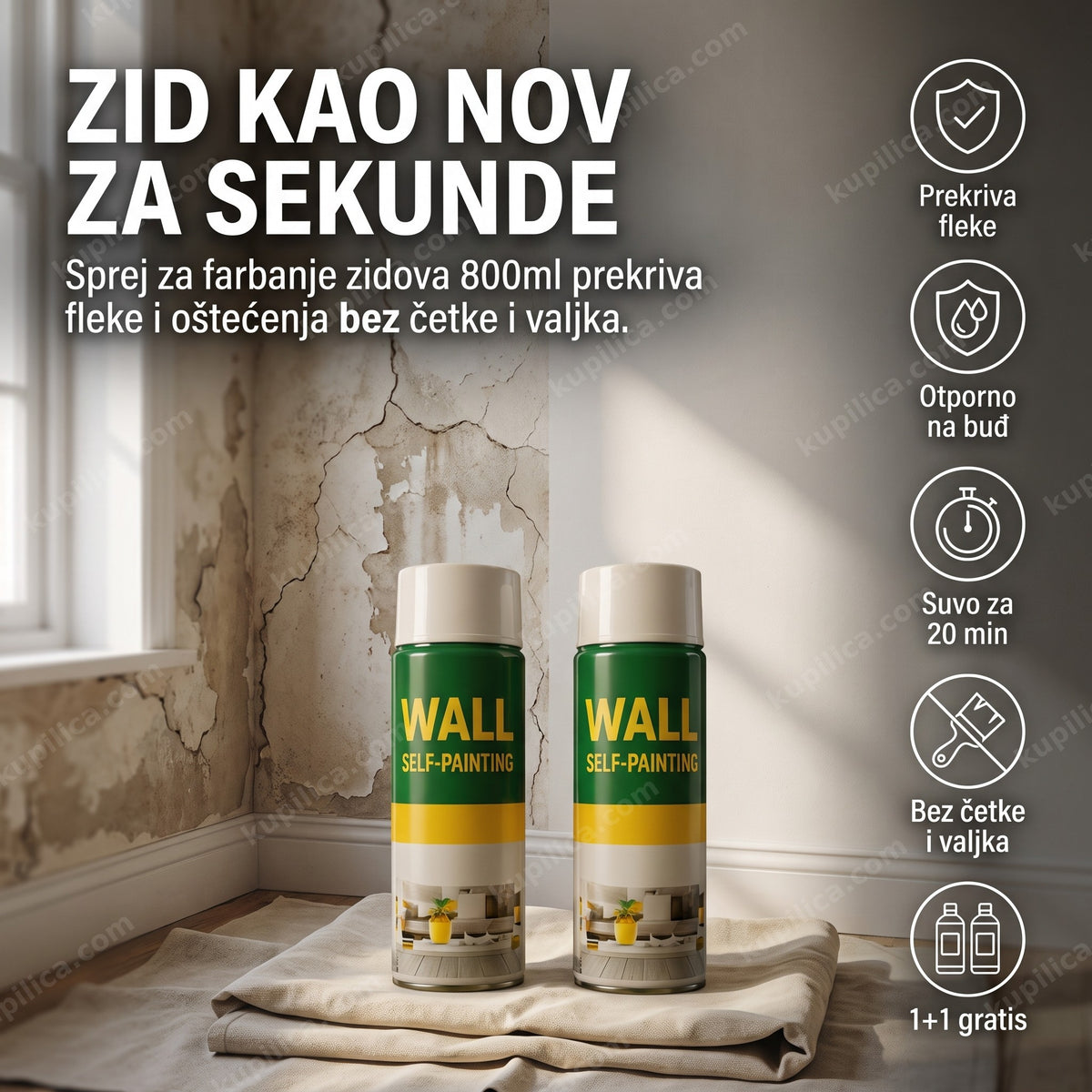 sprej za farbanje zidova 800ml — dve boce na oštećenom i osveženom delu zida