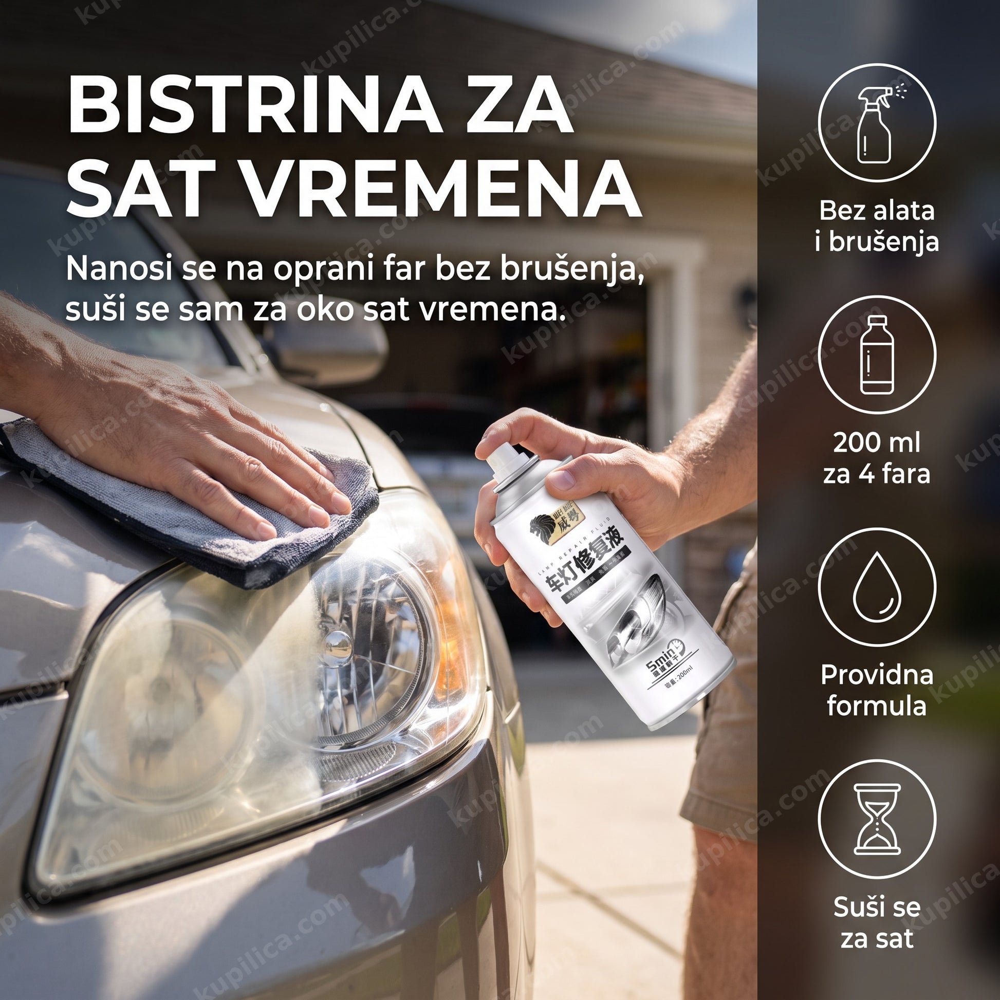 Sprej za poliranje farova 200 ml — obnavljanje zamućenih farova kod kuće
