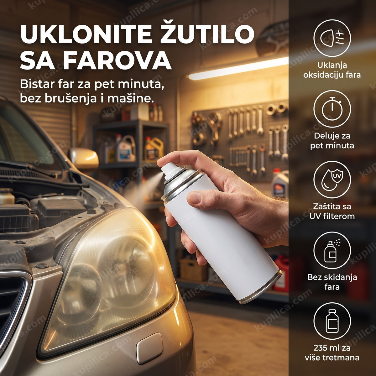 bela bočica spreja za poliranje farova u garaži pored automobila, benefiti proizvoda