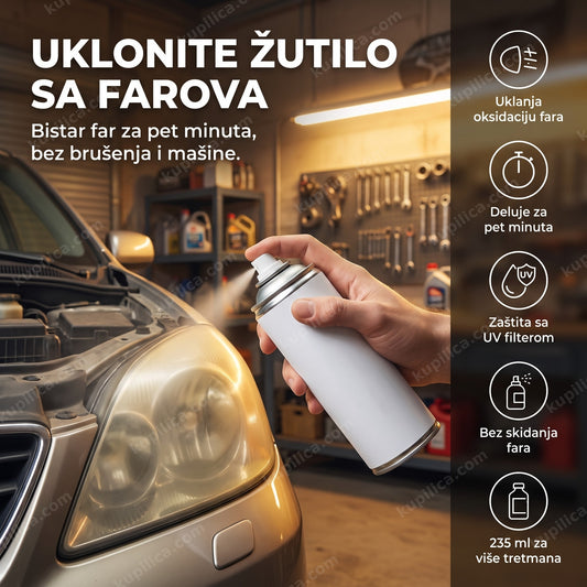 bela bočica spreja za poliranje farova u garaži pored automobila, benefiti proizvoda