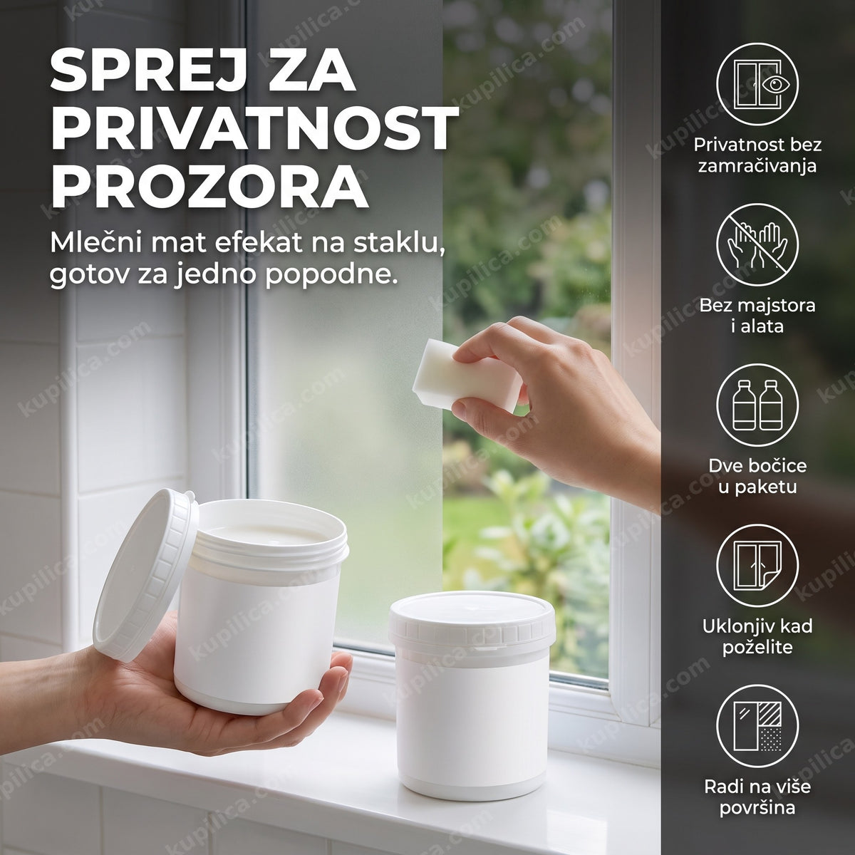 Dve bele limenke sa sprejom za privatnost prozora kraj napola mat stakla, benefiti proizvoda