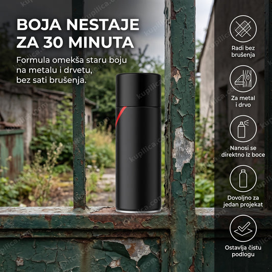 crna bočica spreja za skidanje boje pored zarđale metalne ograde, benefiti proizvoda