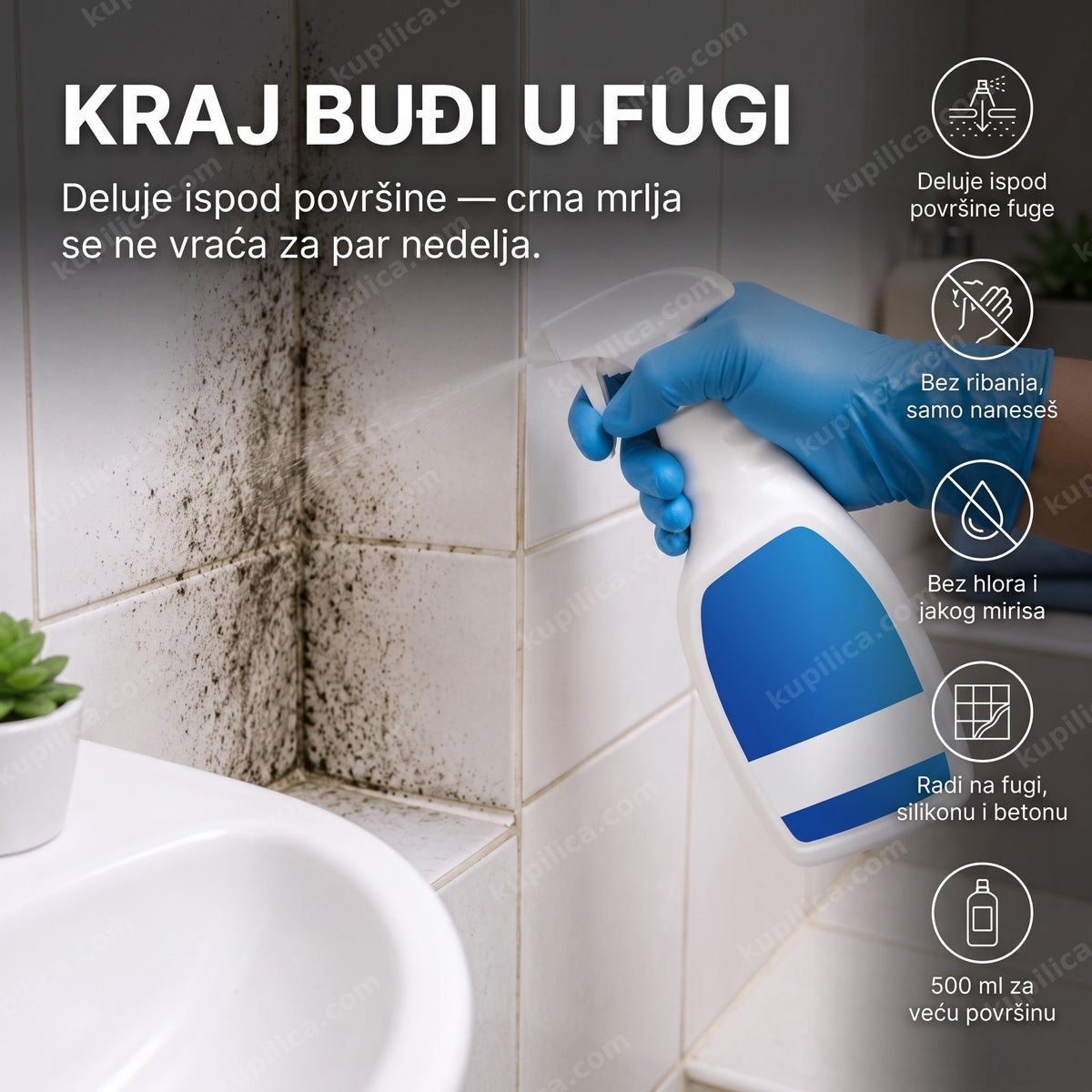 sprej za uklanjanje buđi na fugi u kupatilu pre i posle čišćenja, benefiti proizvoda